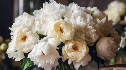 Enchanting White Peony Abundance: Up-Close View of a Mesmerizing Bouquet. A Floral Haven for Romantic Souls.