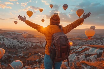 Traveler with open arms in front of a magical landscape of hot air balloons at sunrise - obrazy, fototapety, plakaty