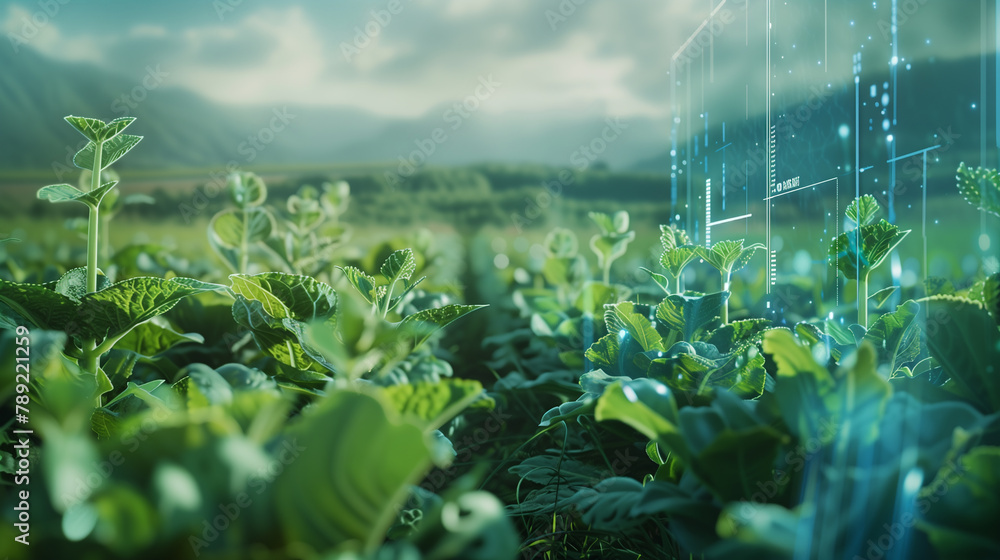 Poster a field of green plants with a digital screen showing graphs and numbers. concept of modern agricult