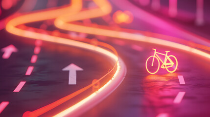 3D render of a bike lane with orange bicycles and route lines on a pink background. vector illustration for cycling apps or bike sharing services