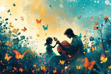 Happy Father's Day greeting card with a whimsical illustration of a father and child playing music together in a garden, surrounded by dancing butterflies and hummingbirds. Vector illustration. - obrazy, fototapety, plakaty