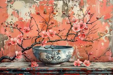 lino cut of bowl with pink blossoms in china, in the style of uhd image,vernacular architecture