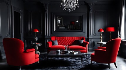  Elegant dark interior with bright red armchairs 