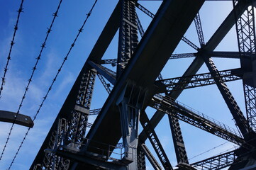 The steel bridge structure against the blue sky