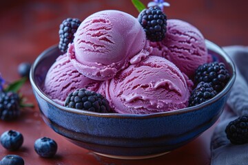 A bowl of creamy purple berry ice cream accompanied by whole blackberries and blueberries - Powered by Adobe