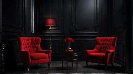  Elegant dark interior with bright red armchairs 