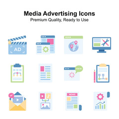 Get this creatively crafted unique icons of media advertising in modern style