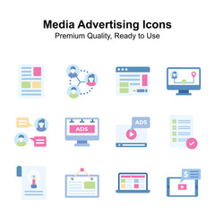 Grab this amazing icons set of media advertising in trendy style