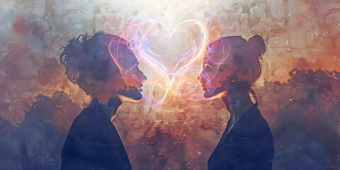 I believe you are my soulmate - young trendy male and female facing each other abstract modern distressed grunge effect with a laser light love heart shape connecting them and space for message
