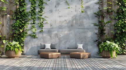 wooden and concrete floor rough concrete wall with wood plank stemped green plant fence decorate with ratten and fabric furniture