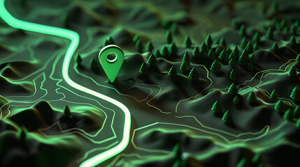 3D render of a forest path with green markers and route lines on a white background. vector illustration for hiking apps or outdoor adventure services