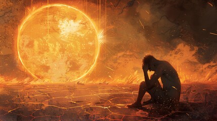 A graphic illustration captures a lone individual in despair against a backdrop of exaggerated sun flares and desiccated earth, surrounded by silhouetted figures. - obrazy, fototapety, plakaty