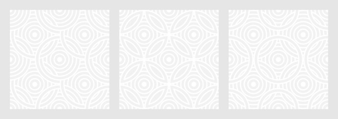 Set of seamless gray patterns of circles arcs lines to create fabric and wallpaper, easy background for Christmas card. Geometric white shapes in trendy retro style for cover decoration. - 789223027