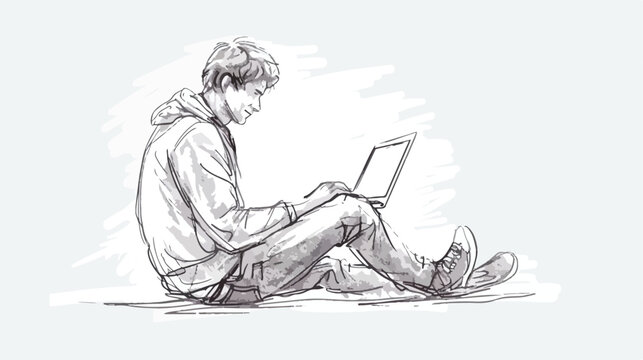 Human with laptop at home sitting on the floor Hand