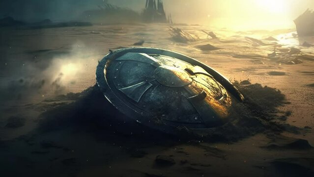 Warrior shield. War and defeat. Epic fantasy and dramatic loop video animation.