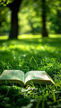 A book is open on a grassy field. The grass is green and the sky is blue. The book is open to a page with a picture of a tree