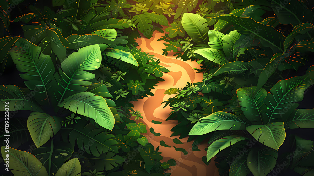 Poster 3d render of a jungle path with green leaves and route lines on a brown background. vector illustrat