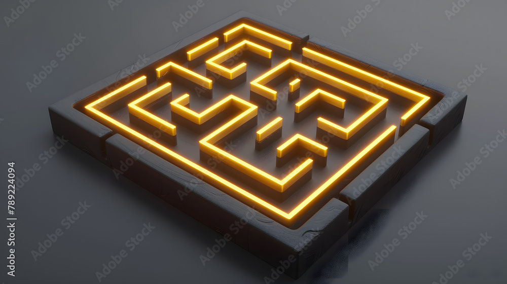 Poster 3d render of a maze with yellow keys and route lines on a gray background. vector illustration for p