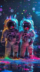 Cosmic Celebration Two Astronauts Surrounded by Colorful Confetti Rain in Space