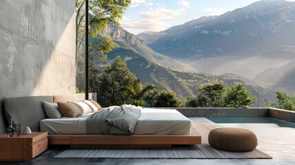 Travel and tourism concept. large outdoor bed set against a beautiful mountain landscape.