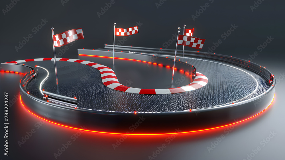 Poster 3d render of a race track with red flags and route lines on a gray background. vector illustration f
