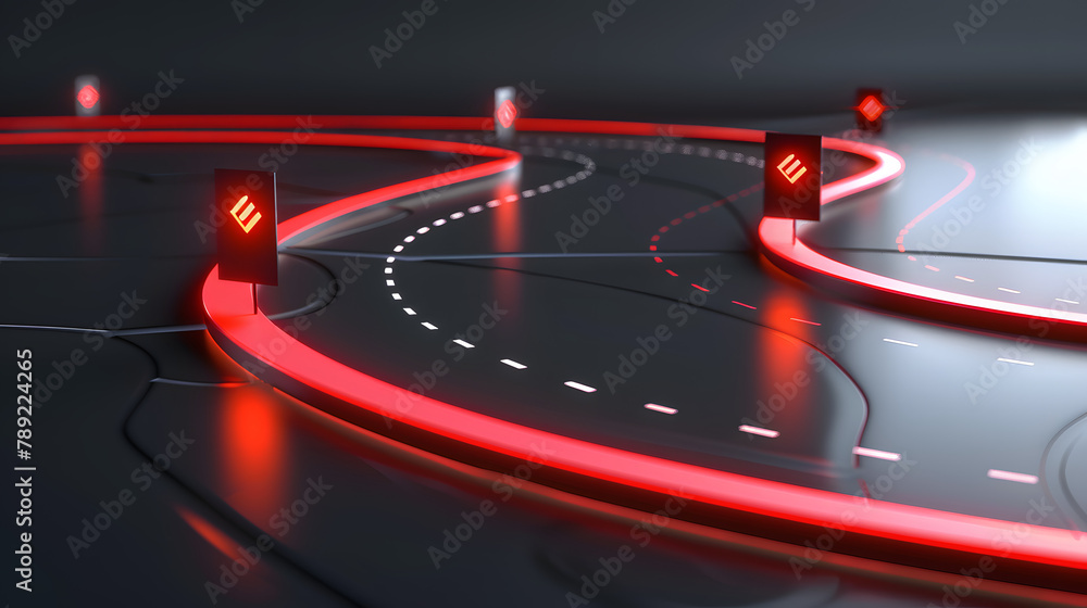 Poster 3d render of a race track with red flags and route lines on a gray background. vector illustration f