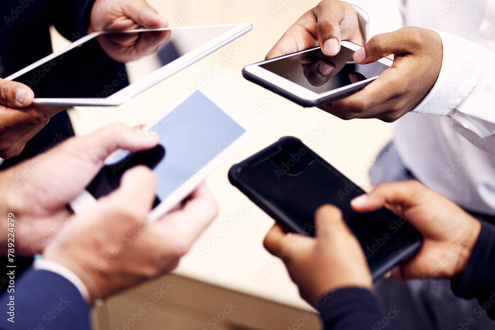 Poster hands, teamwork and technology in workplace for networking, communication and research for startup. 