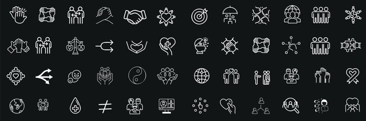 Diversity, inclusion, unity icon set, black background, teamwork, partnership, equality, global connection