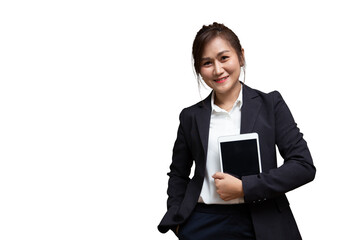 smart business women Asian Thai working woman standing smiling with tablet device isolated on white background - obrazy, fototapety, plakaty