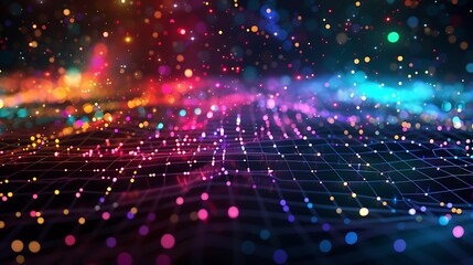 Abstract colorful grid surrounded by glowing particles