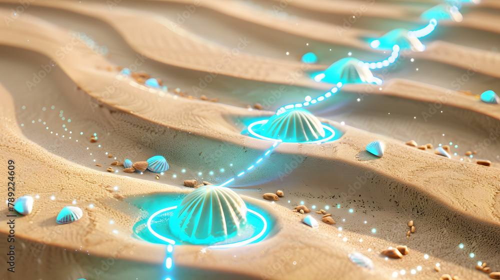 Poster 3d render of a seaside path with turquoise shells and route lines on a sand-colored background. vect