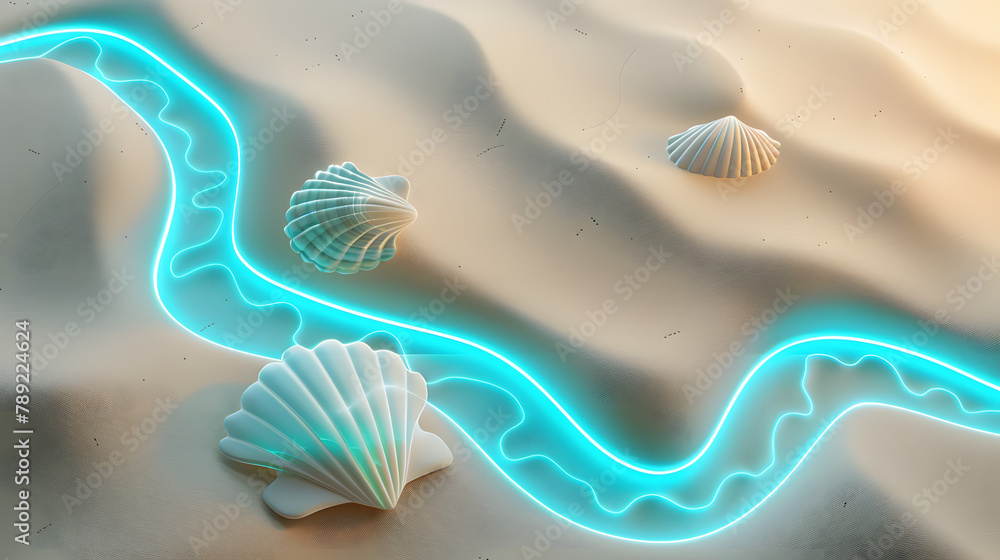Poster 3d render of a seaside path with turquoise shells and route lines on a sand-colored background. vect
