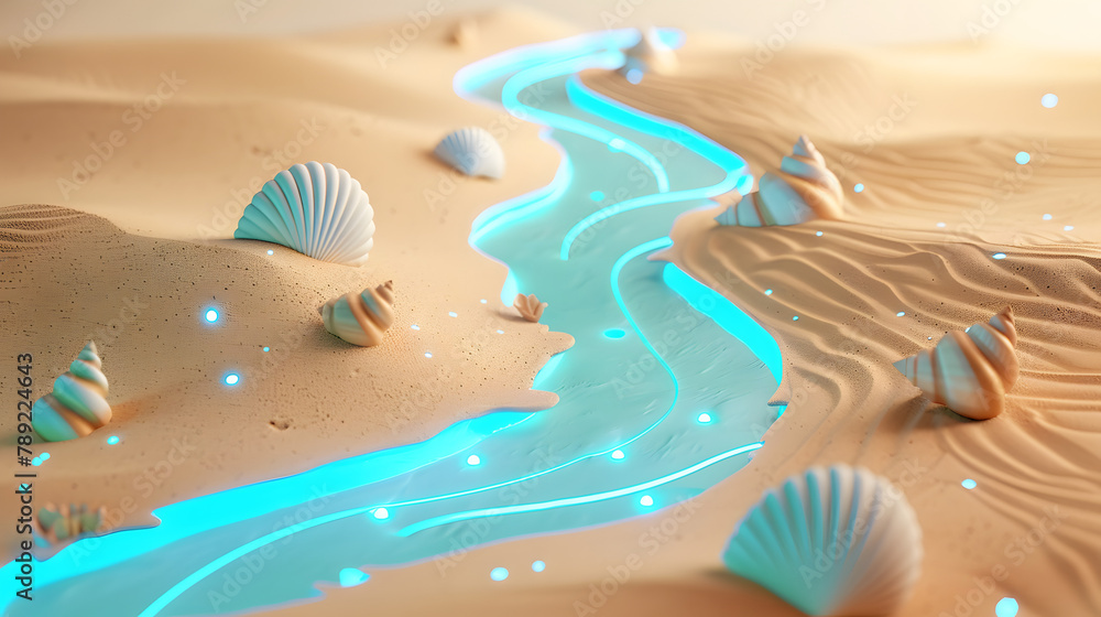 Poster 3d render of a seaside path with turquoise shells and route lines on a sand-colored background. vect