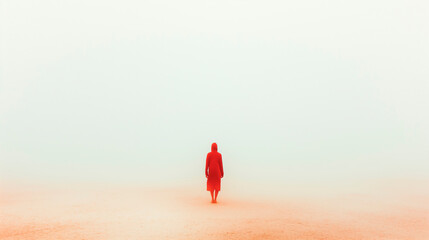 A person in red jacket walks in the desert with fog, Copy Space.