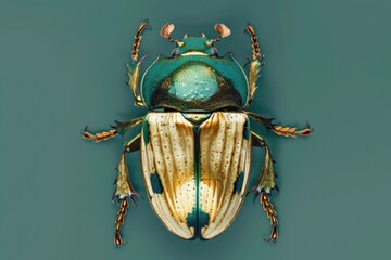 Emerald Gold Bug Set. Isolated Vibrant Insect Beetles with White and Blue Background - obrazy, fototapety, plakaty