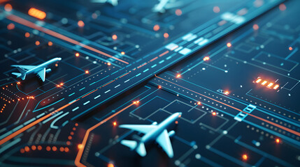 3D render of an airport runway with white planes and route lines on a blue background. vector illustration for flight tracking apps or air traffic control services - obrazy, fototapety, plakaty