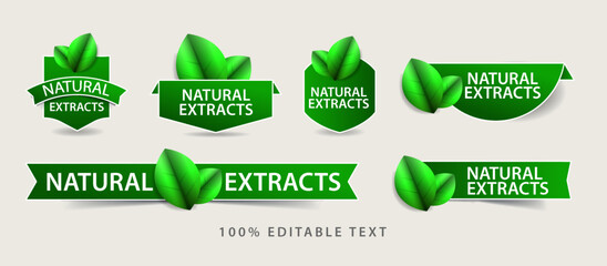 Natural Extracts label sticker badge Vector Set with green leaf. Editable Text EPS file