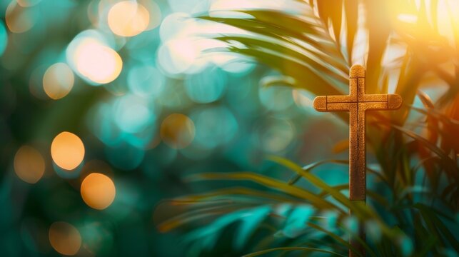 Palm Sunday concept. Stone cross between palm leaves. Reminder of Jesus' sacrifice and Christ's resurrection. Easter passover. Eucharist concept. Christianity symbol and faith.