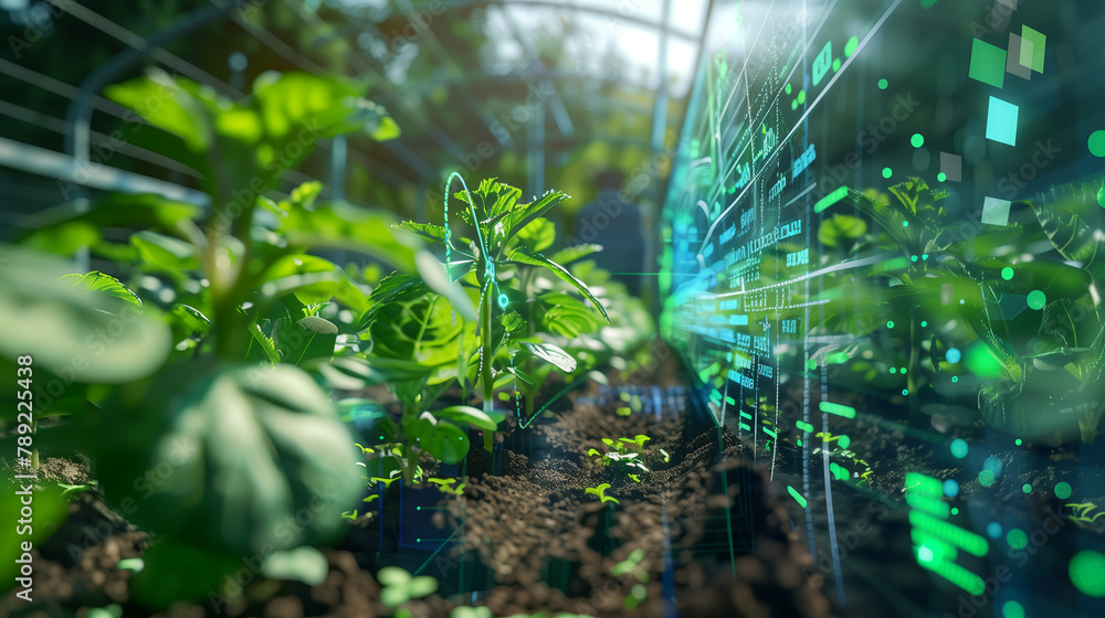 Poster a field of green plants with a digital screen showing graphs and numbers. concept of modern agricult