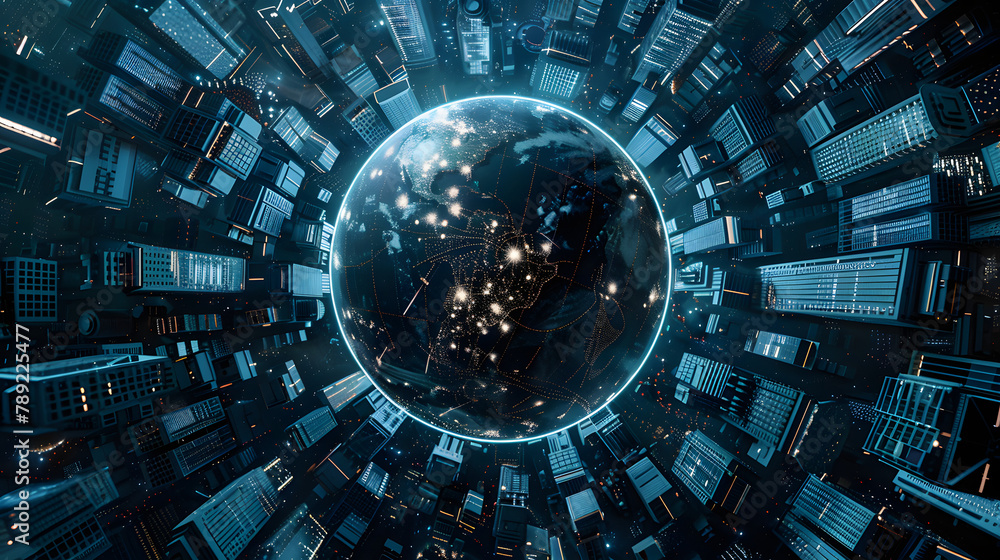 Poster 3d rendering of a globe encircled by skyscrapers. the globe is designed with hues of blue and silver