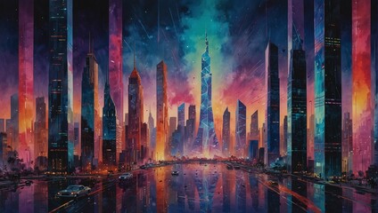 tall skyscraper made of neon lights and holographic projections surrounded by cityscape with cars - obrazy, fototapety, plakaty