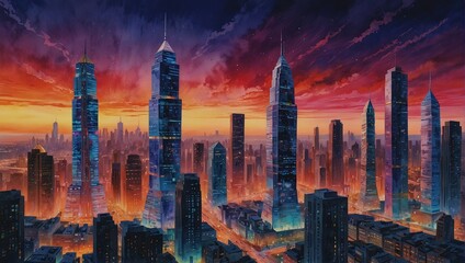 futuristic cityscape with skyscrapers made of neon lights and holographic projections - obrazy, fototapety, plakaty