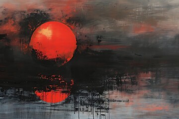 Abstract painting of a red sun over a simple dark landscape. .