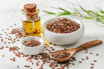 Flaxseed Oil and Seeds in a Bowl. Healthy Cooking and Nutrition Concept on White Background