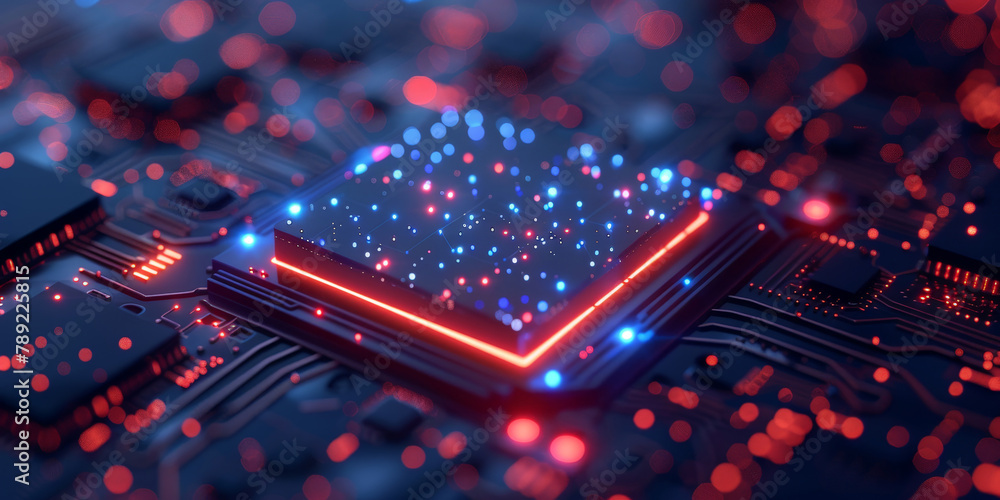 Poster a closeup of an integrated circuit board with processor on colorful bokeh light, technology