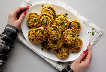Homemade Chicken Pesto Pinwheels, top view. Flat lay, overhead, from above. - 789225885
