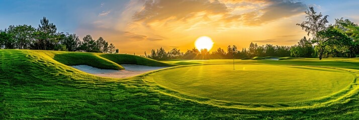 Golf Course at Sunset - Scenic Panoramic View of Fairway with Sand Trap, Bunker, and Pine Trees in the Background