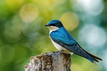 Graceful Tree Swallow Perched on a Stump. Natural Wildlife Beauty  - obrazy, fototapety, plakaty