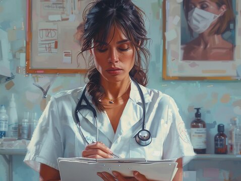 Nurse taking notes during a medical exam , hyper realistic