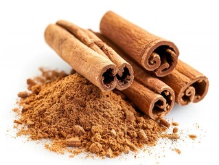 Ground Cinnamon Spice Closeup. Heap of Grated Cinnamon Spice Isolated on White Background for Desserts and More